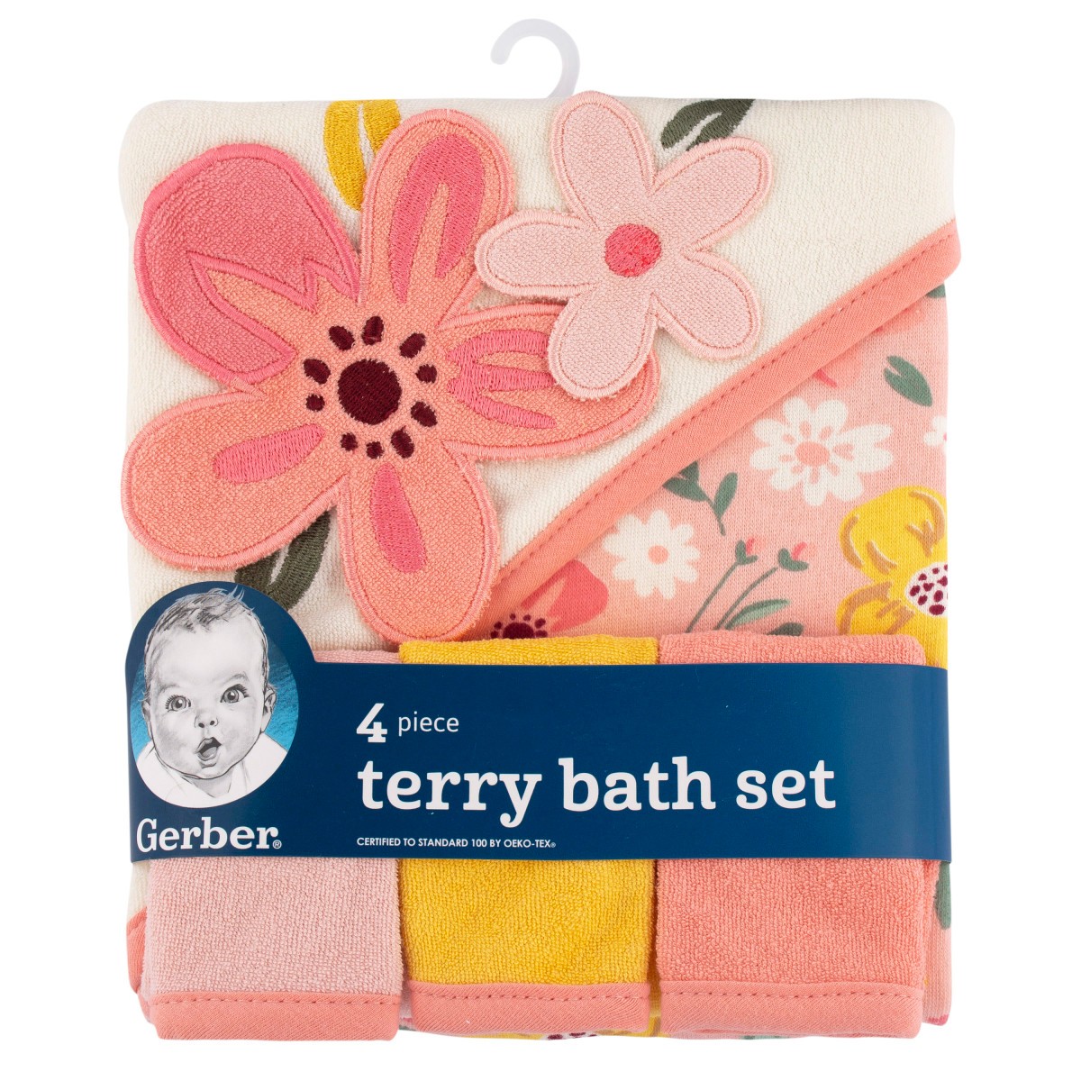 Set 4 toallas beb&eacute; Gerber capucha y pa&ntilde;os 80% algod&oacute;n rosa image number null