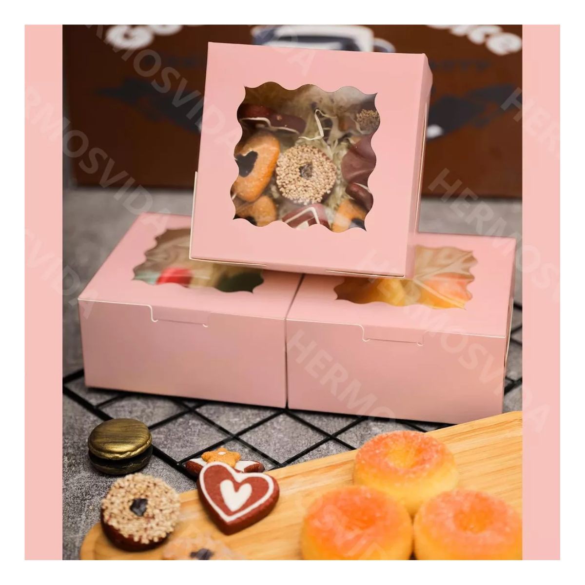 50 Cajas Carton Ventana Galletas Cupcakes Regalo Boda Rosa image number null