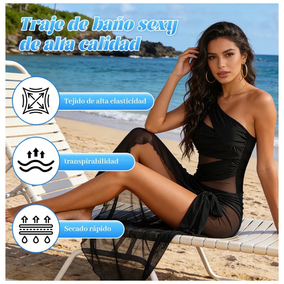 Traje De Ba&ntilde;o Mesh Sexy De Color S&oacute;lido Un Hombro Negro Talla M image number null