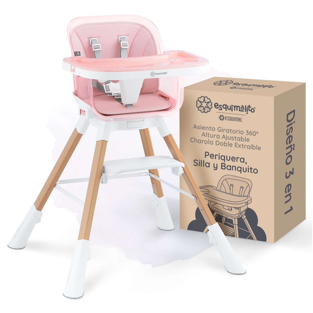 Periquera para Beb&eacute; 3 en 1, Silla Alta con Charola Desmontable, Asiento 360&deg;, Altura Ajustable, Color Rosa Esquimal image number null