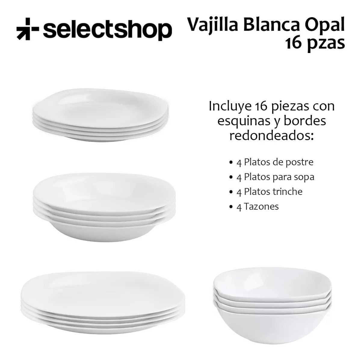 Vajilla Moderna Cuadrada De Opal Resistente 4 Personas 16pzs image number null