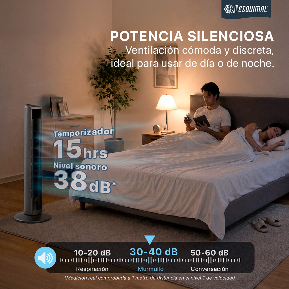Ventilador de Torre 95 cm Silencioso Abanico Port&aacute;til Giratorio para Piso con Temporizador y Control Titanio ESQUIMAL image number null