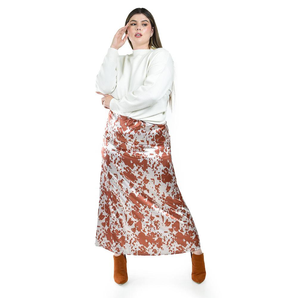 Falda satinada estampado vaca Roman Fashion /Tallas Extras, 7064 (Cafe) image number null