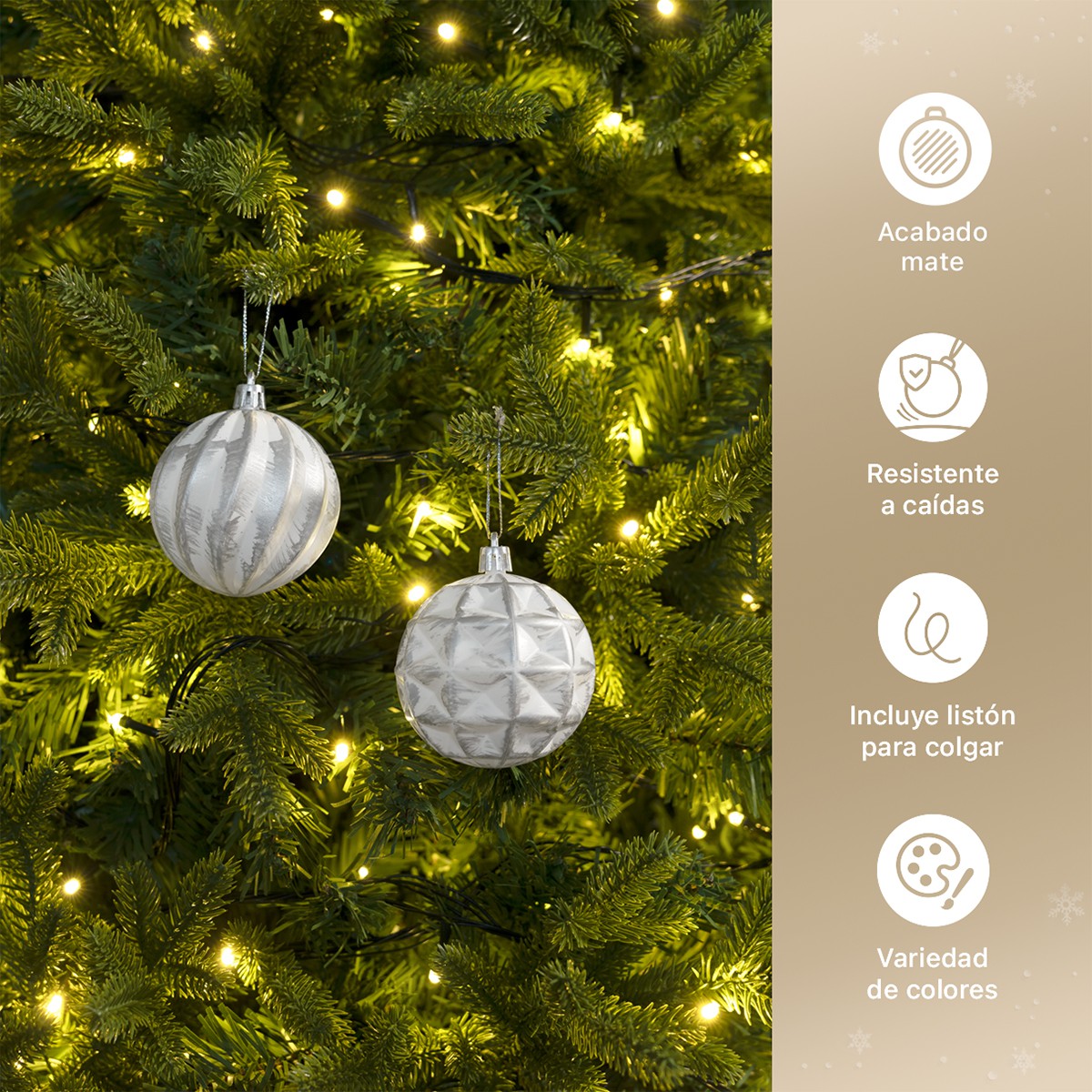 Set con 6 Esferas Decoraci&oacute;n Navide&ntilde;a 8 cm Adornos para &Aacute;rbol de Navidad (Blanca - Plateado) ESQUIMAL. image number null