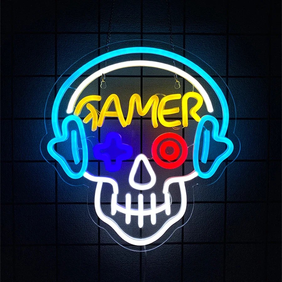 Letrero Ne&oacute;n LED Gamer Multicolor USB Game On Skull Gamepad Gaming Zone Pared Dormitorio Sala Juegos Regalo Gamer image number null