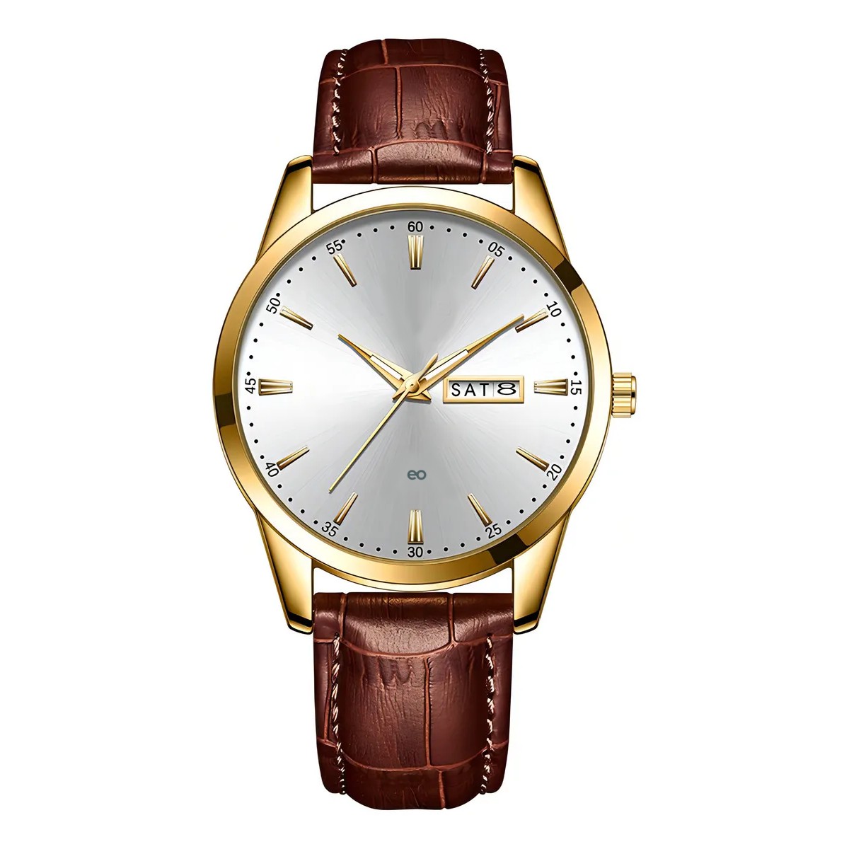 Reloj De Cuarzo Hombre Correa Marr&oacute;n Bisel Dorado Fondo Blanco image number null