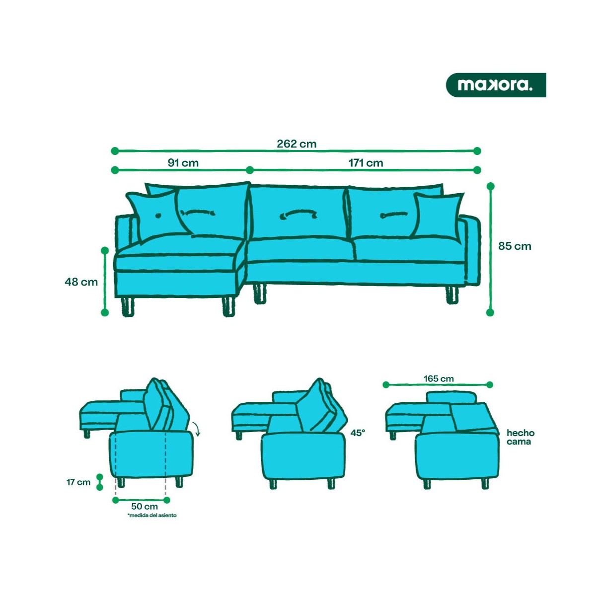 Sala Modular Makora Scotch con Memory Foam, Color Olivo Respaldo Reclinable de 3 Posiciones image number null