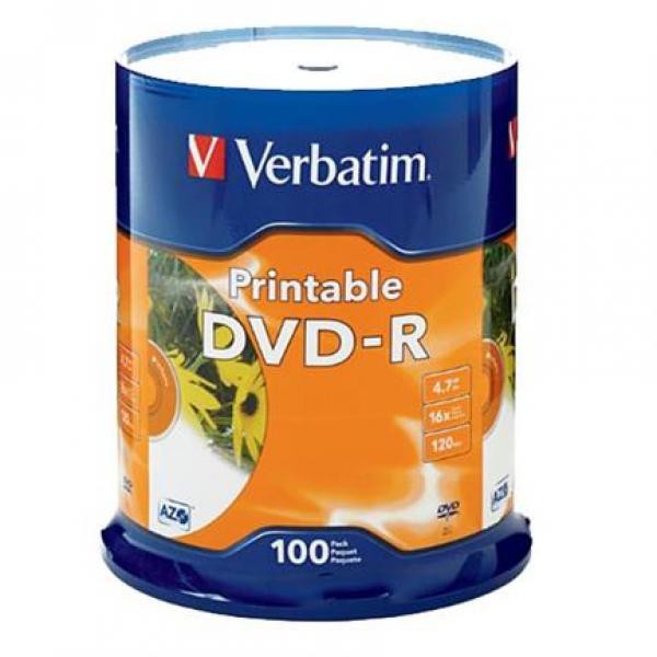 DVD-R Verbatim 4.7 GB 16X Blanco Ink Printable Spindle 100 Piezas image number null