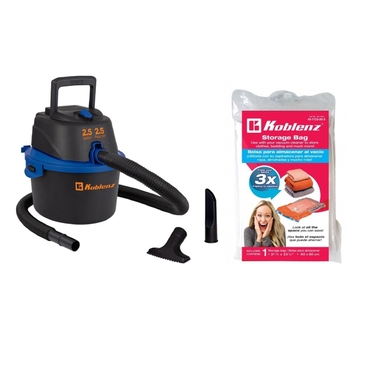Aspiradora Koblenz WD-2.5 MA 2.5 Galones Negro/Azul + Bolsa de Vacio P/Almacenar de Regalo ENDY image number null