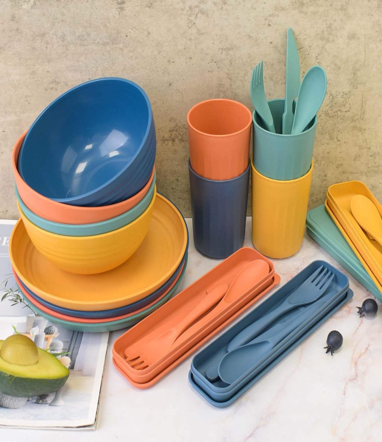 44pzs Vajilla Juego Color Cocina Paja Trigo Plato Tazas Kit colores image number null