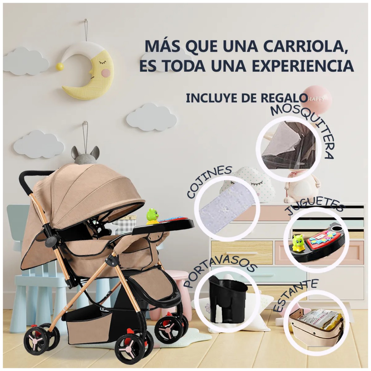 Carriola 3 En 1 Ligera Y Reclinable Tipo Cuna Caqui Negro image number null