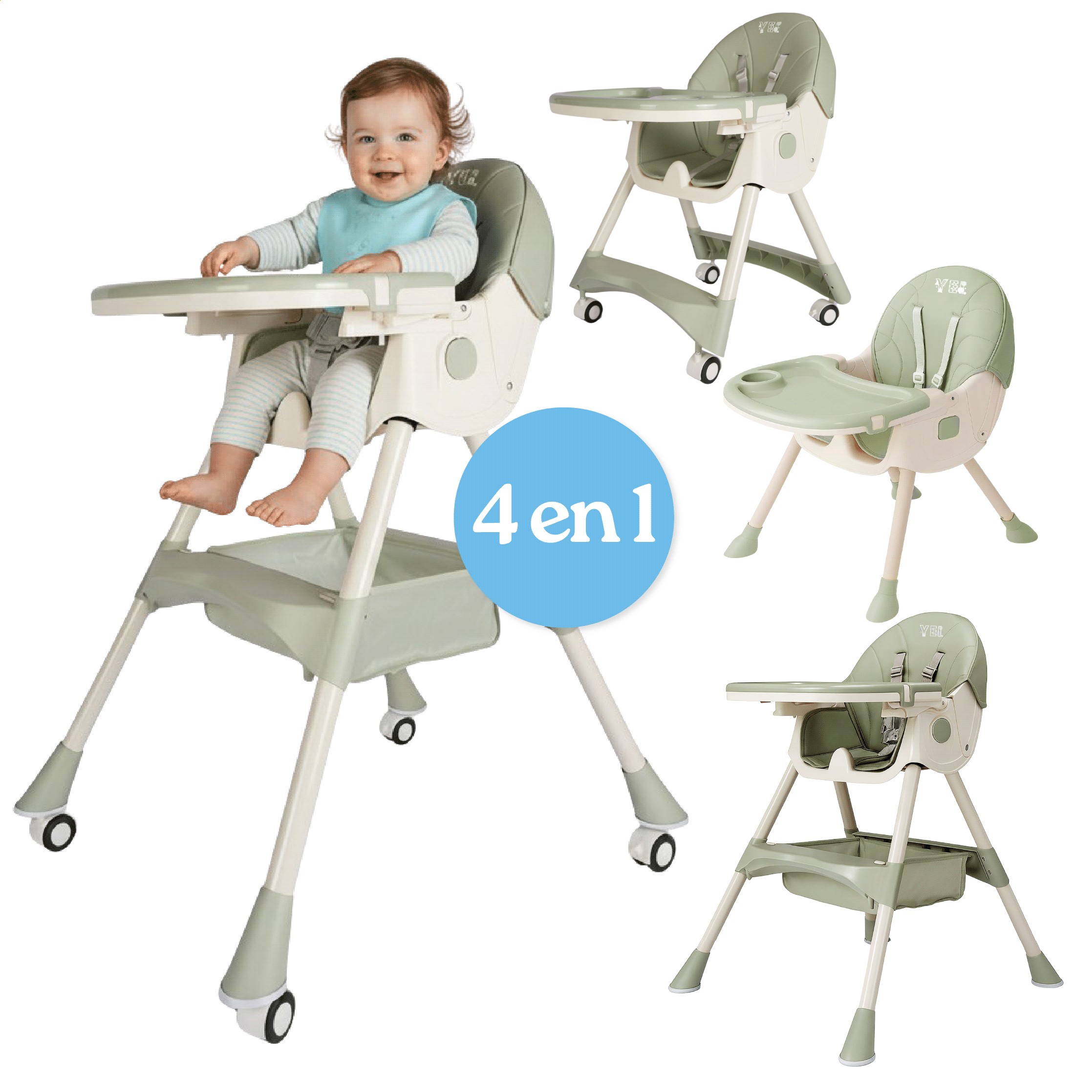 Silla Alta para Beb&eacute; YEI Verde, 6 en 1, Plegable, 2 Alturas, 5 Puntos de Seguridad image number null