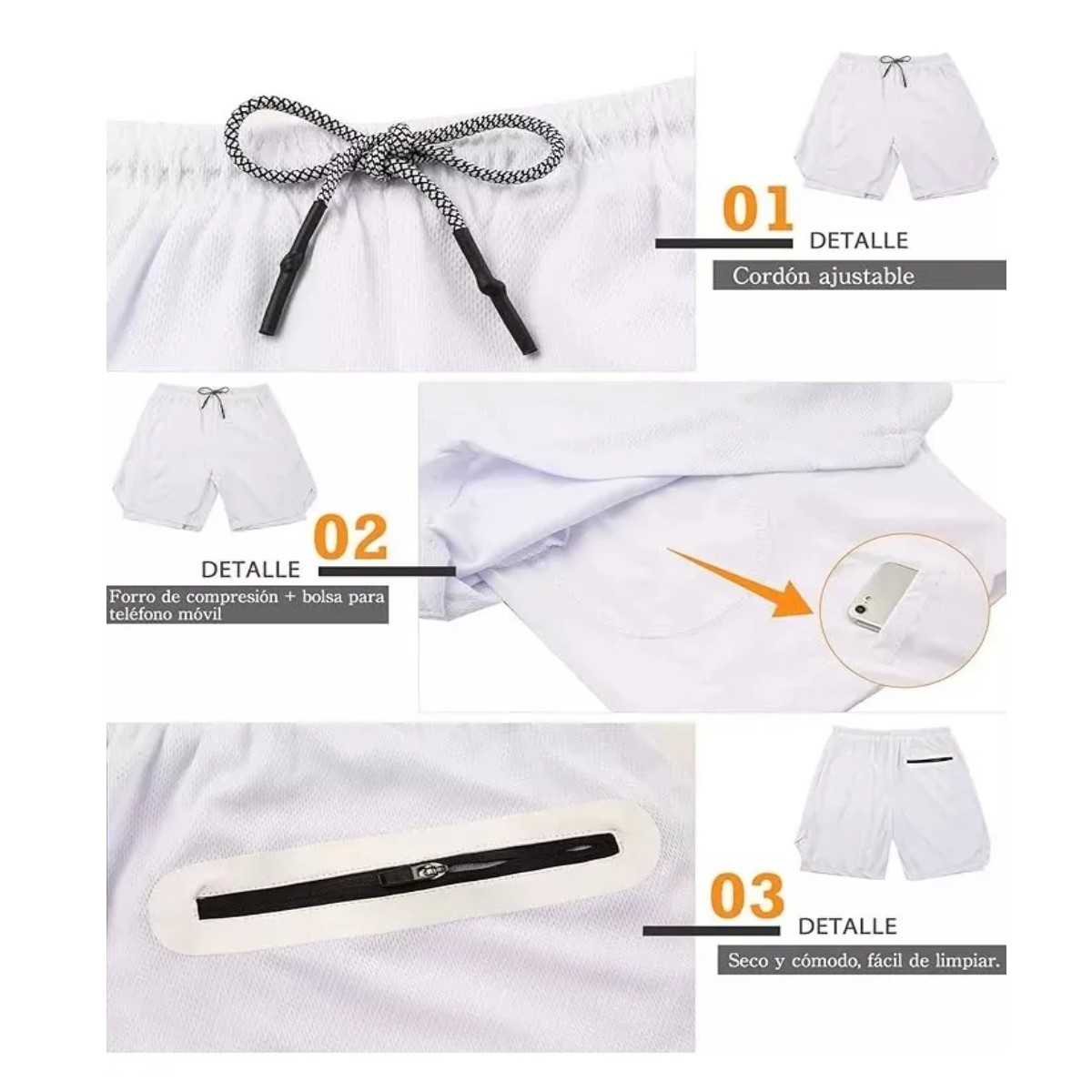 Short Con Licra Deportiva 2 En 1 Hombre Correr Blanco XL(34-36) image number null