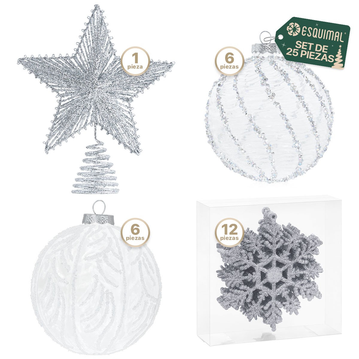 Set de Esferas y Adornos Navide&ntilde;os para &Aacute;rbol de Navidad, Decoraci&oacute;n Navide&ntilde;a (Cristal / Plateado 25 Piezas). ESQUIMAL. image number null