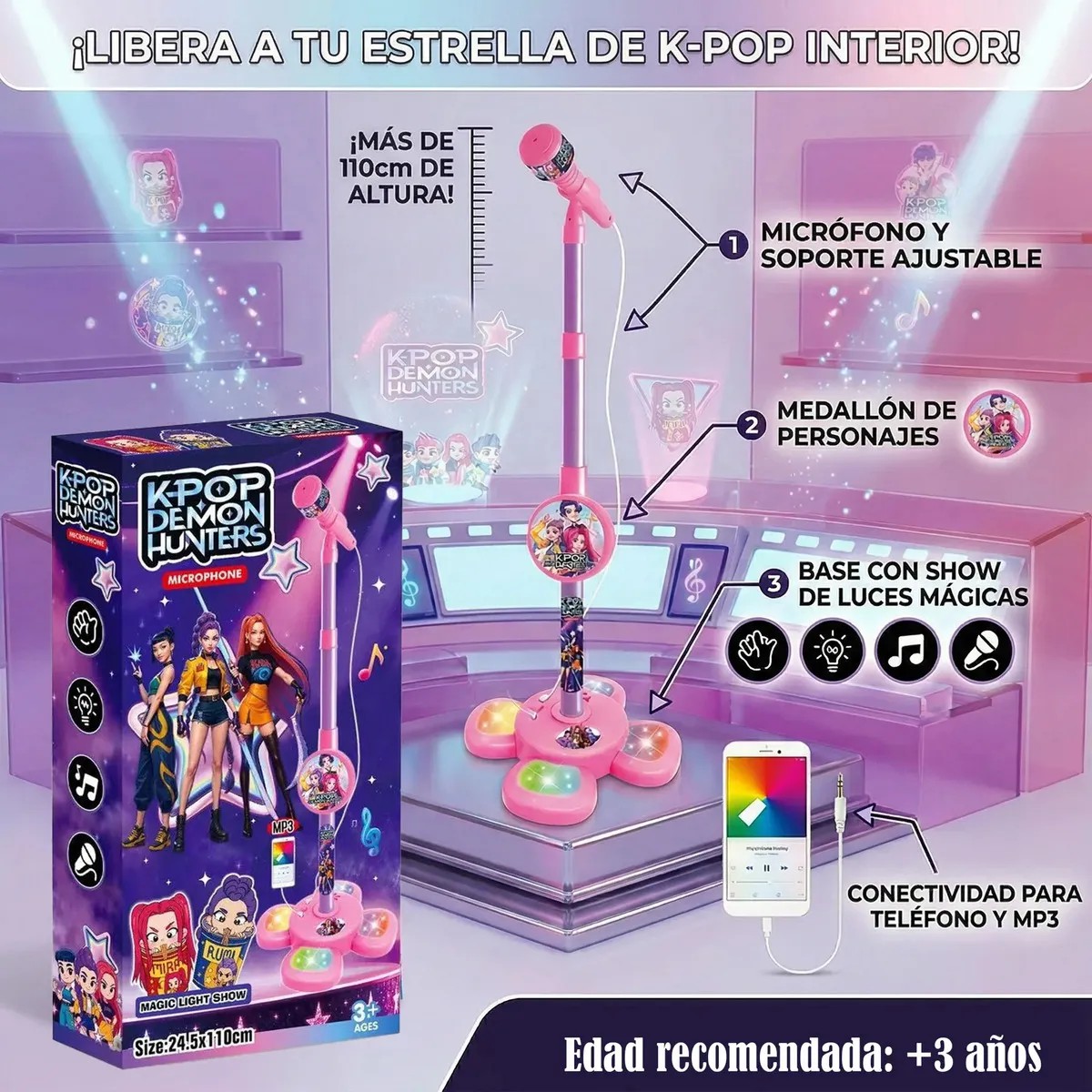 Micr&oacute;fono Juguete Musical Con Base Bocina Y Luces Rosa image number null