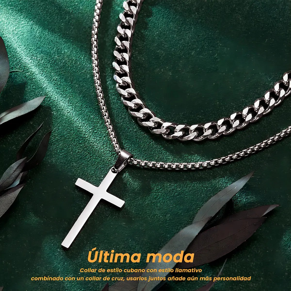 2pz Collar Con Pulseras Cruz Dijes Hombres Acero Inoxidable Plata 60cm Pulseras 21cm image number null