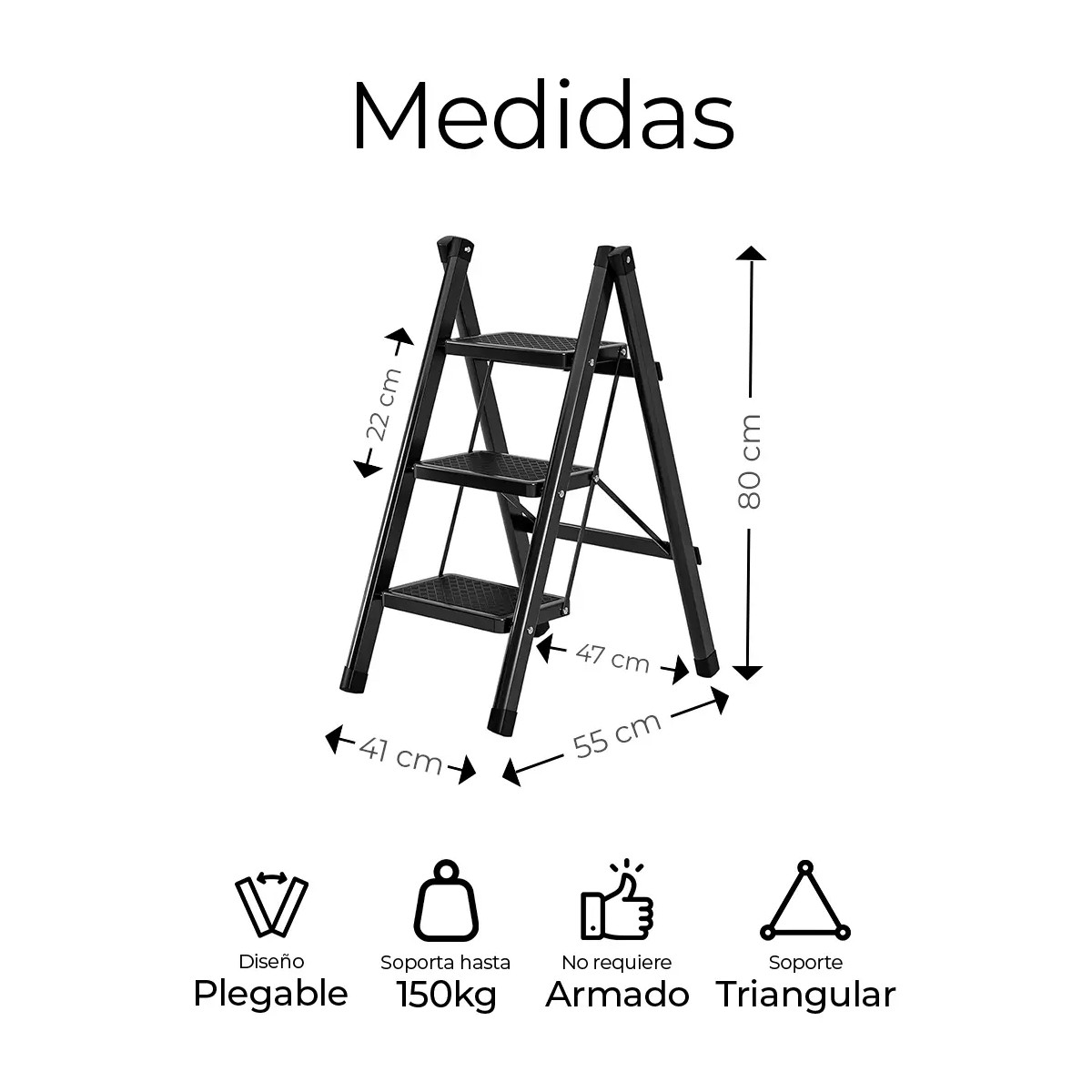 Escalera De Tijera Plegable Multiusos De Acero 3 Pelda&ntilde;os Negro image number null