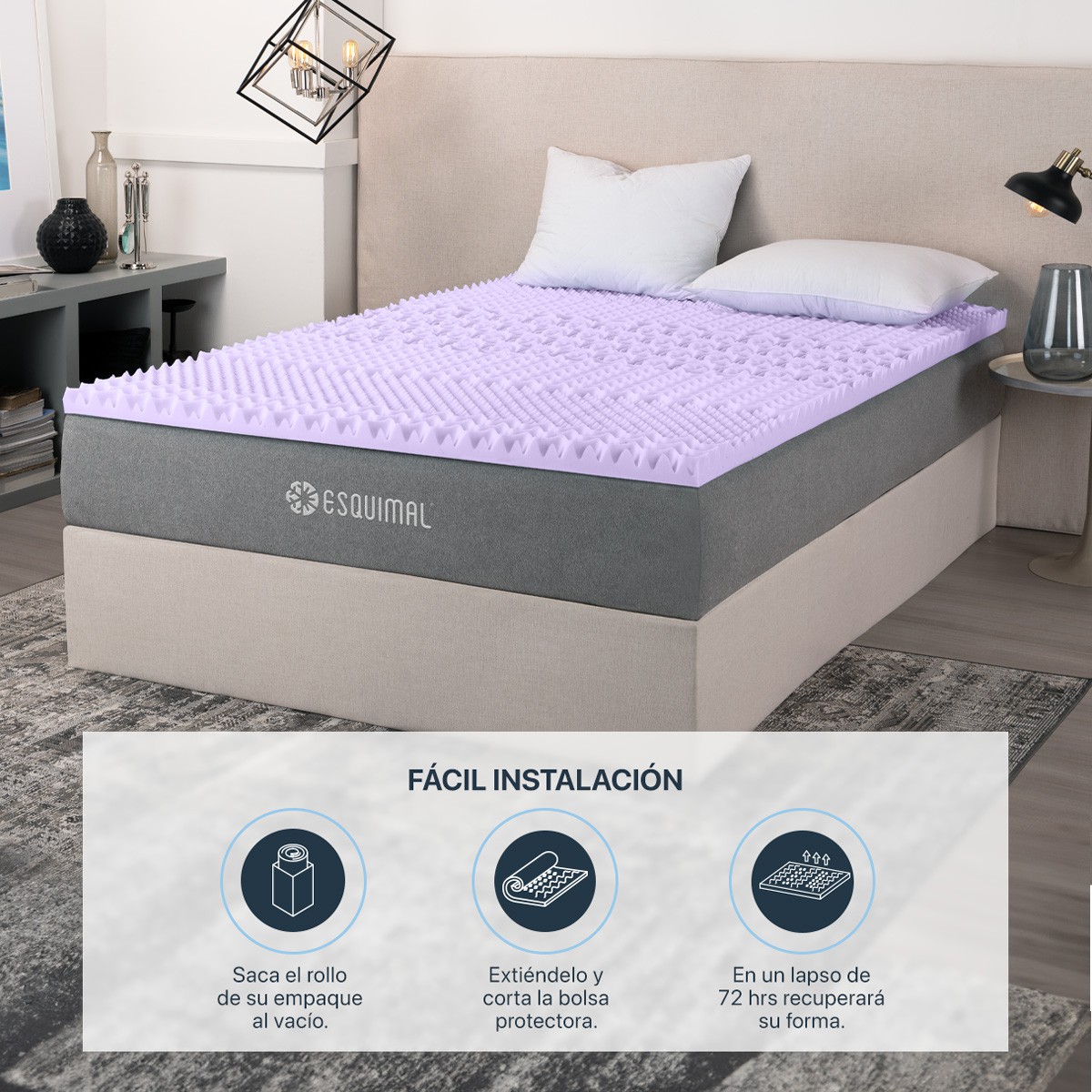 Colchoneta Individual de Memory Foam Cubre Colch&oacute;n Topper con 7 Zonas de Confort Sobrecolch&oacute;n Lavanda (5 cm). ESQUIMAL. image number null