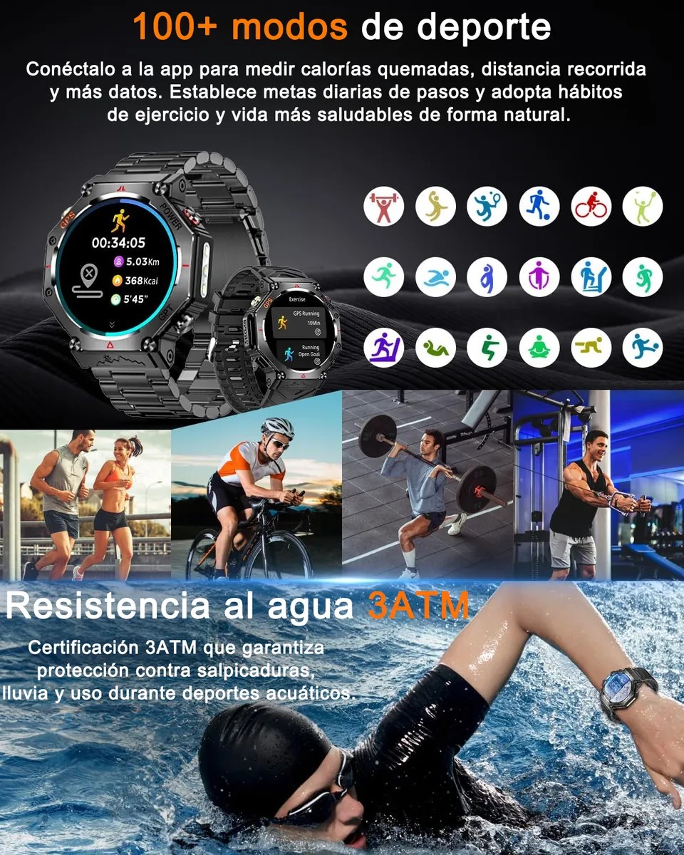 Smartwatch Reloj Inteligente Hombre Gps Llamada Bluetooth Negro Deportivo Siliconas image number null