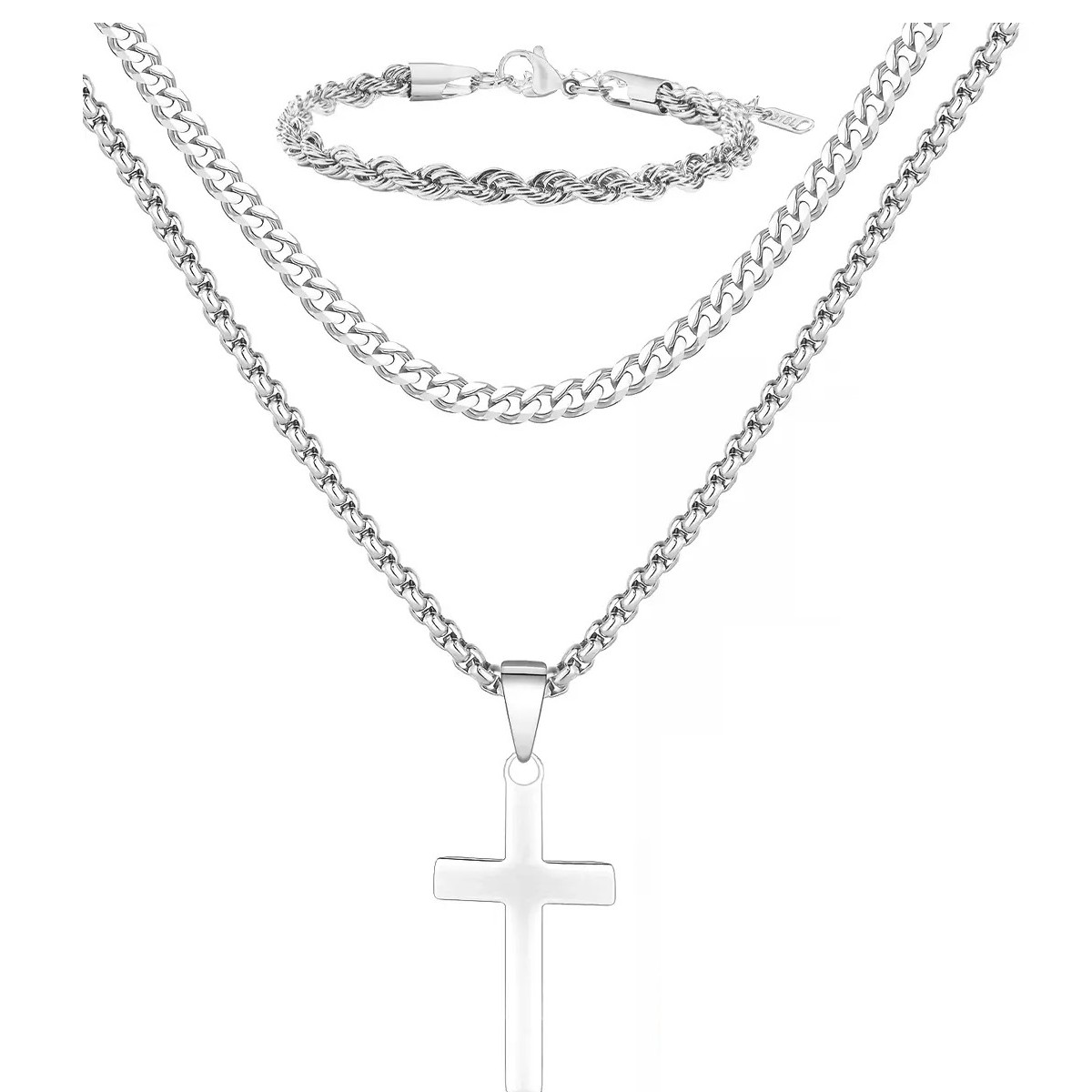 2pz Collar Con Pulseras Cruz Dijes Hombres Acero Inoxidable Plata 60cm Pulseras 21cm image number null