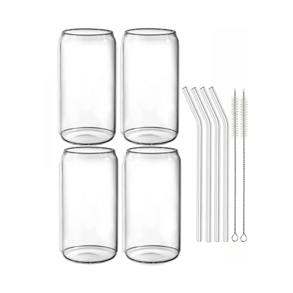 Juego de 4 Vasos de Cristal con Tapa de Bamb&uacute; 16 Oz (473.17 ml), Forma de Lata, Baricoffee image number null