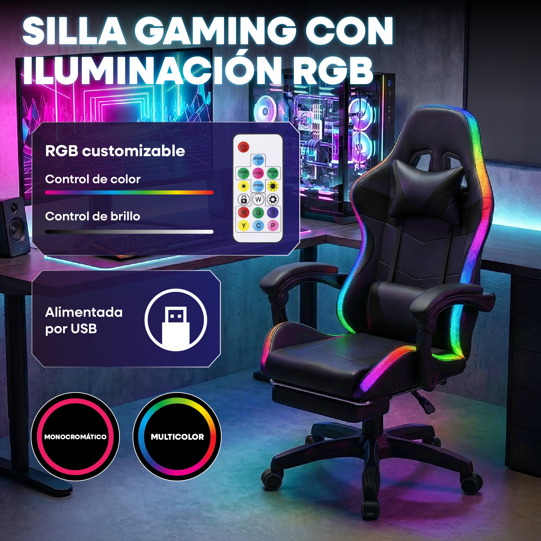 Silla Gamer Titano Negra con Reposapi&eacute;s Luz LED Reclinable 90&deg; a 150&deg; y Soporte Lumbar image number null