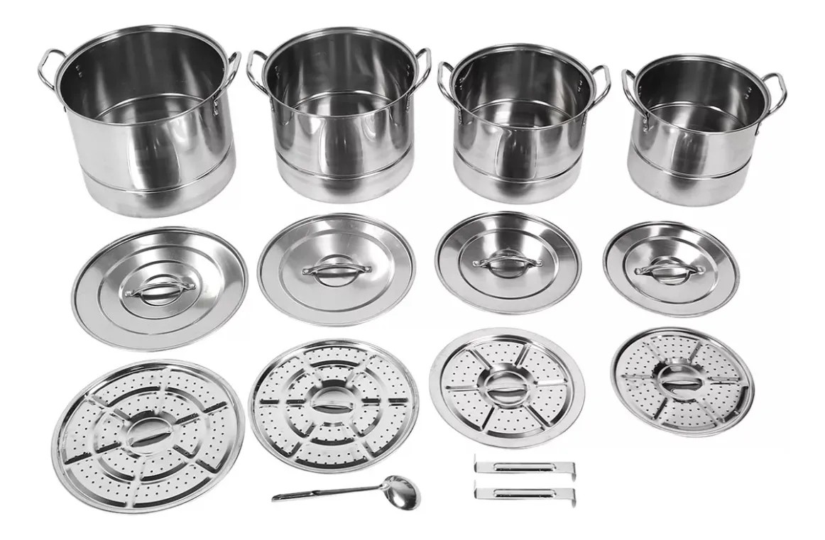 OFERTA Juego De Vaporera 15pzs Ollas De Acero Inoxi Inducci&oacute;n 25l Plateado image number null