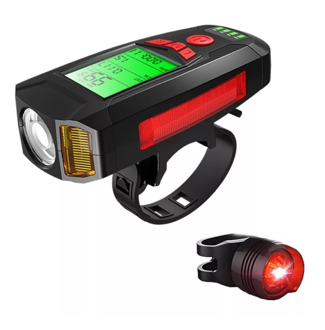 Luz para Bicicleta Recargable con USB, Bocina, Luz Trasera, Cron&oacute;gra image number null