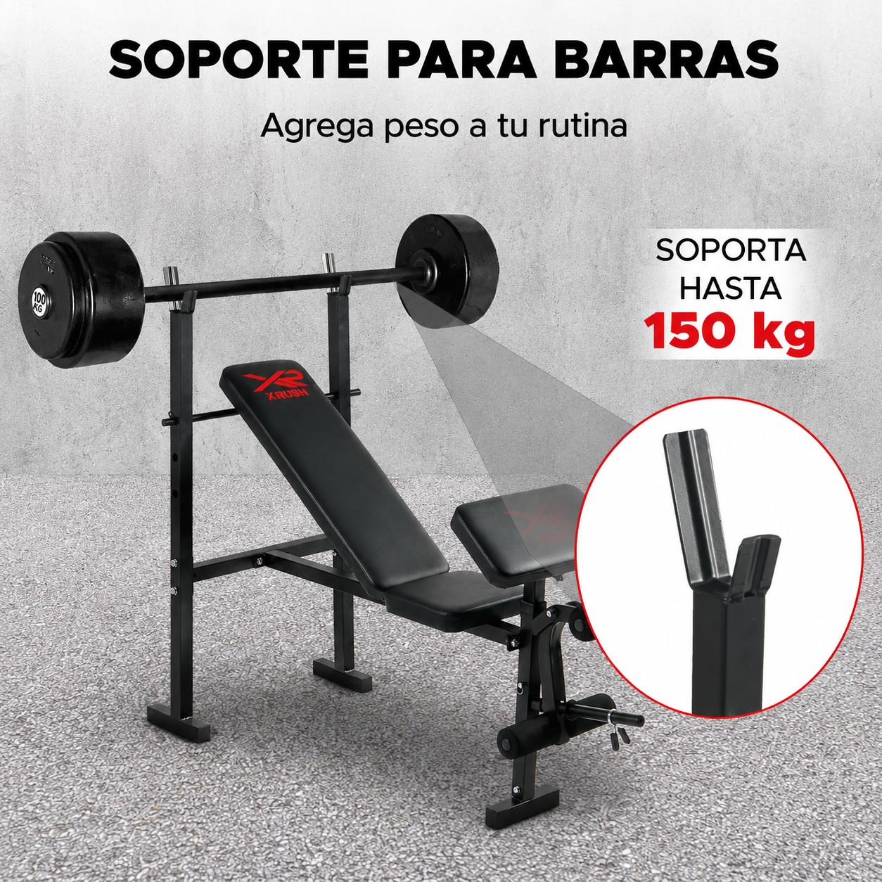 Banco Para Pesas X-Rush Negro Con Respaldo Ajustable y Soporte De Hasta 300 Kg image number null