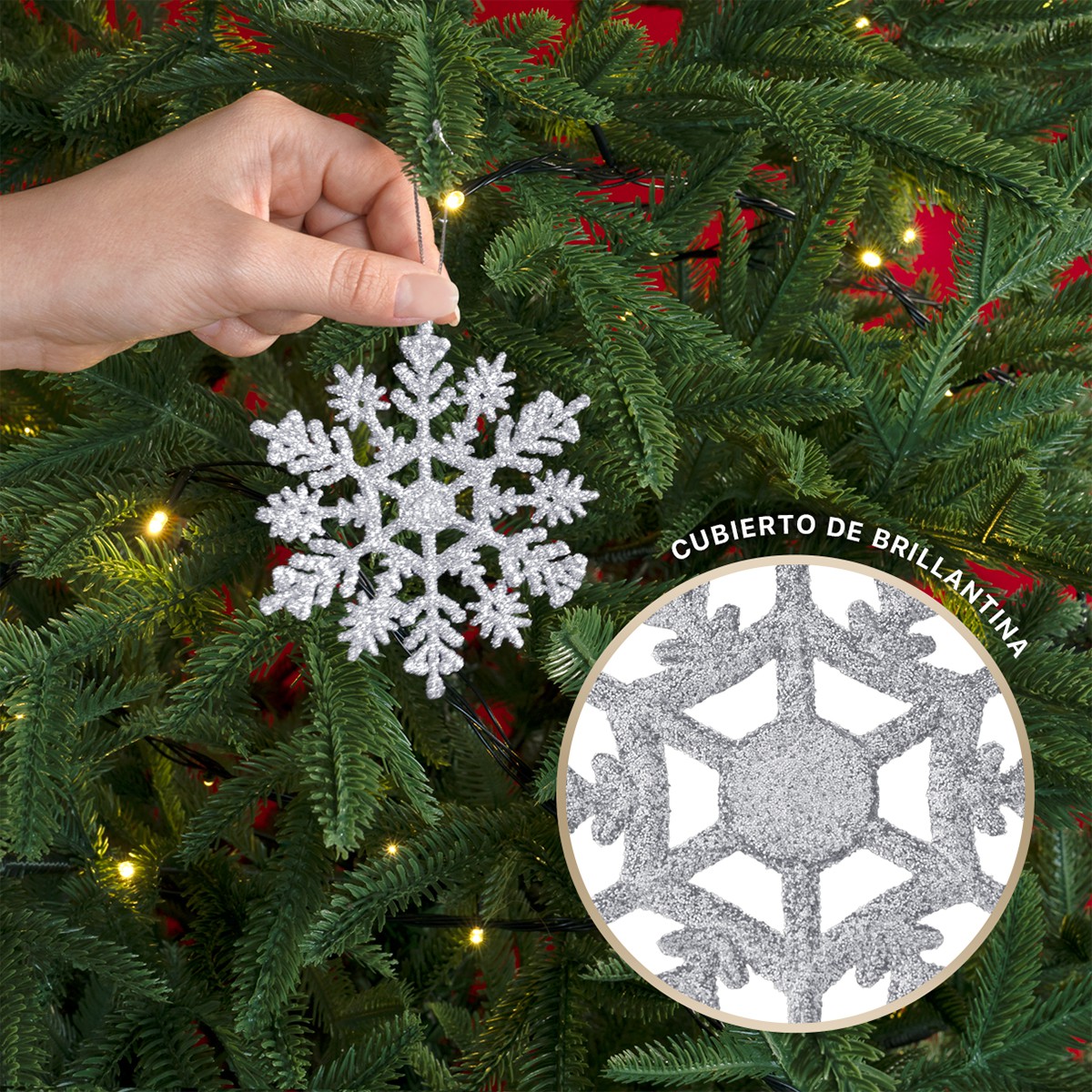 Decoraci&oacute;n Navide&ntilde;a con Adornos para &Aacute;rbol de Navidad (Copo Plateado) ESQUIMAL. image number null