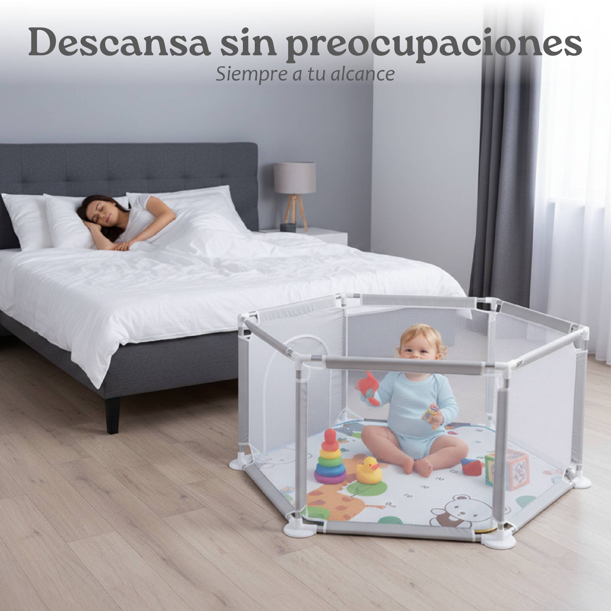 Corral para Beb&eacute; Hexagonal Yei Gris 1.25 m x 65 cm con Colchoneta, Malla Transpirable, Plegable y Malla Transpirable image number null