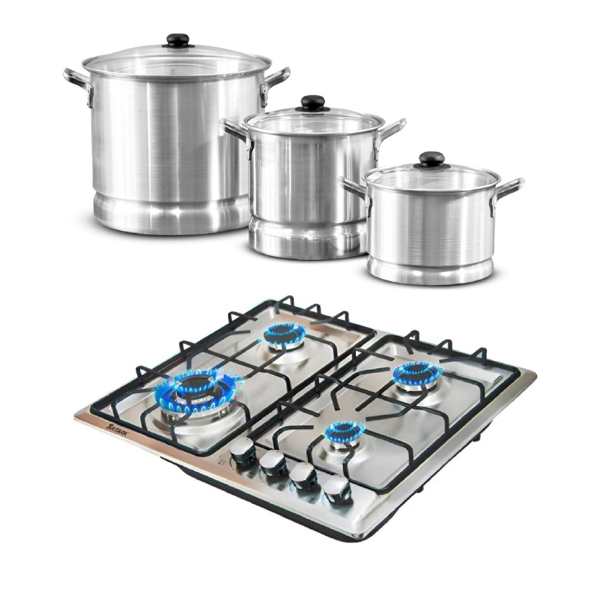 Combo Juego de Vaporeras Lamex Especial 22-28-34 Aluminio + Parrilla a Gas Empotrable Shtark 4Q Acero Inox ENDY-ORT image number null