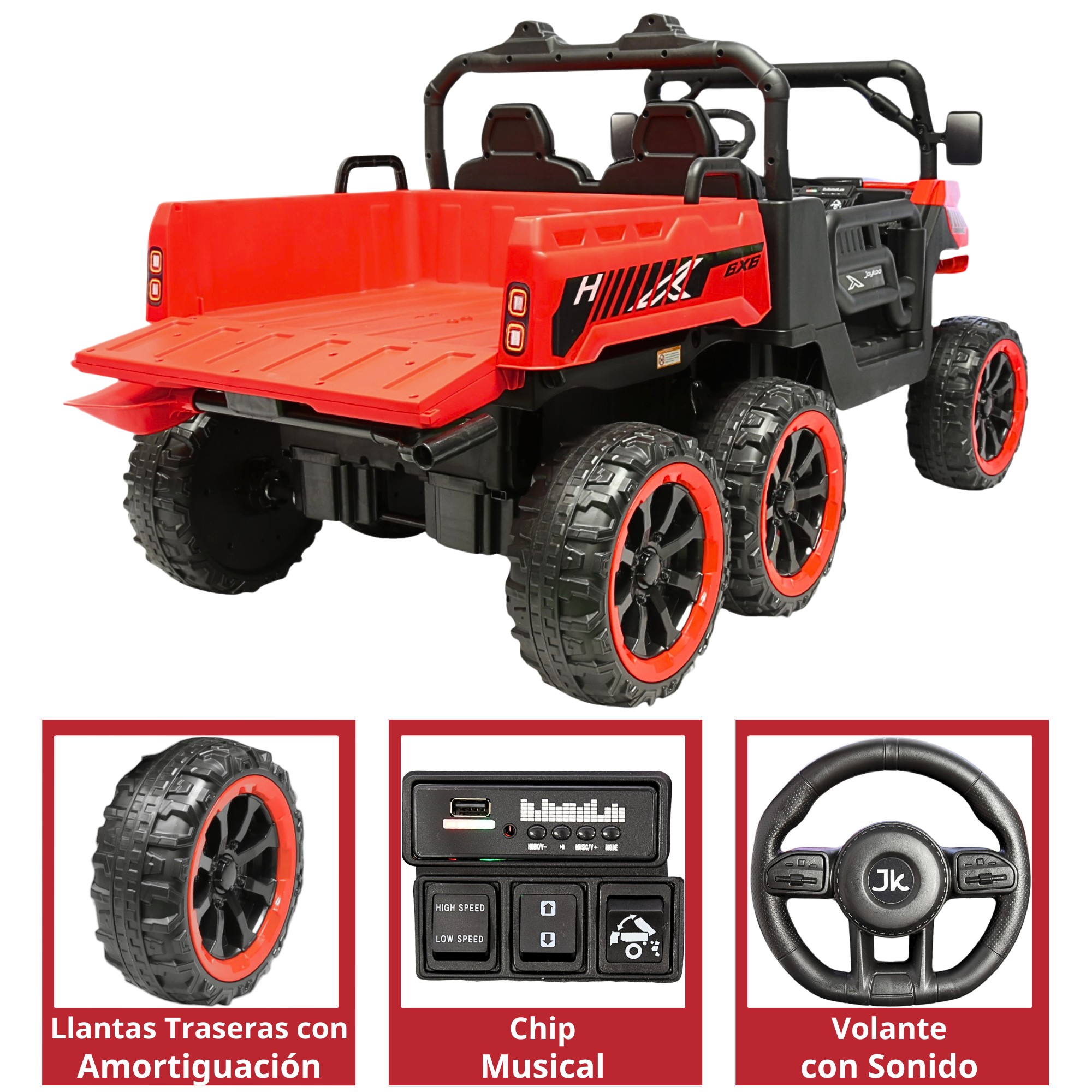 Montable El&eacute;ctrico para Ni&ntilde;os 6x6 Caja de Vuelco Atom&aacute;tica Luz y Sonido Bluetooth 12v - Rojo image number null
