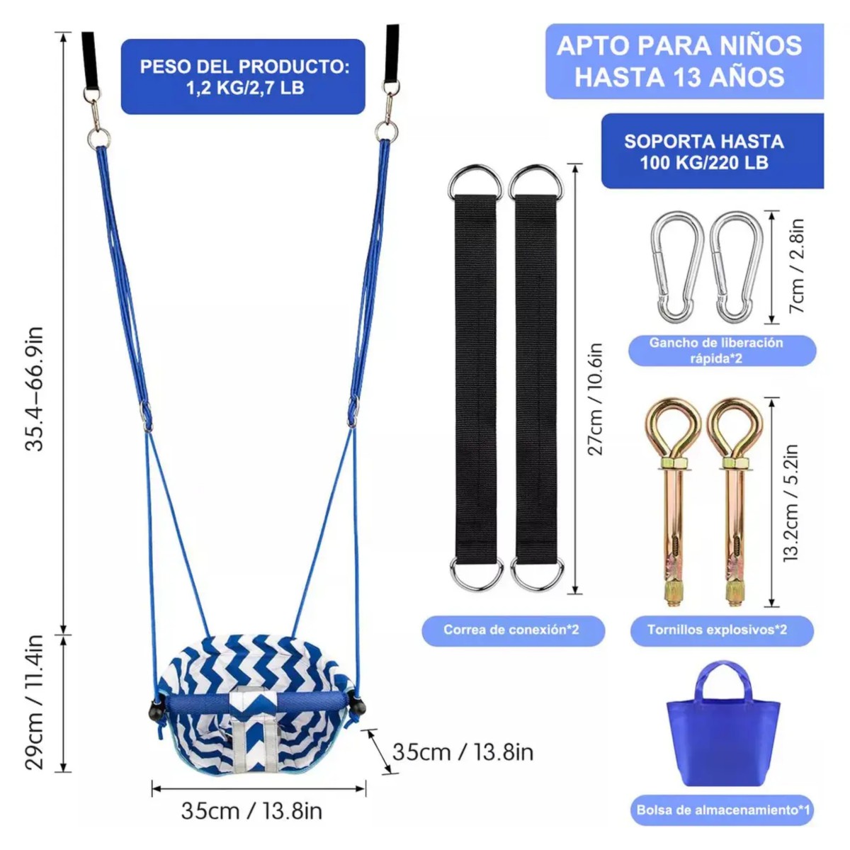 Columpio Infantil Jard&iacute;n Seguro Ajustable Resistente 40kg Azul image number null