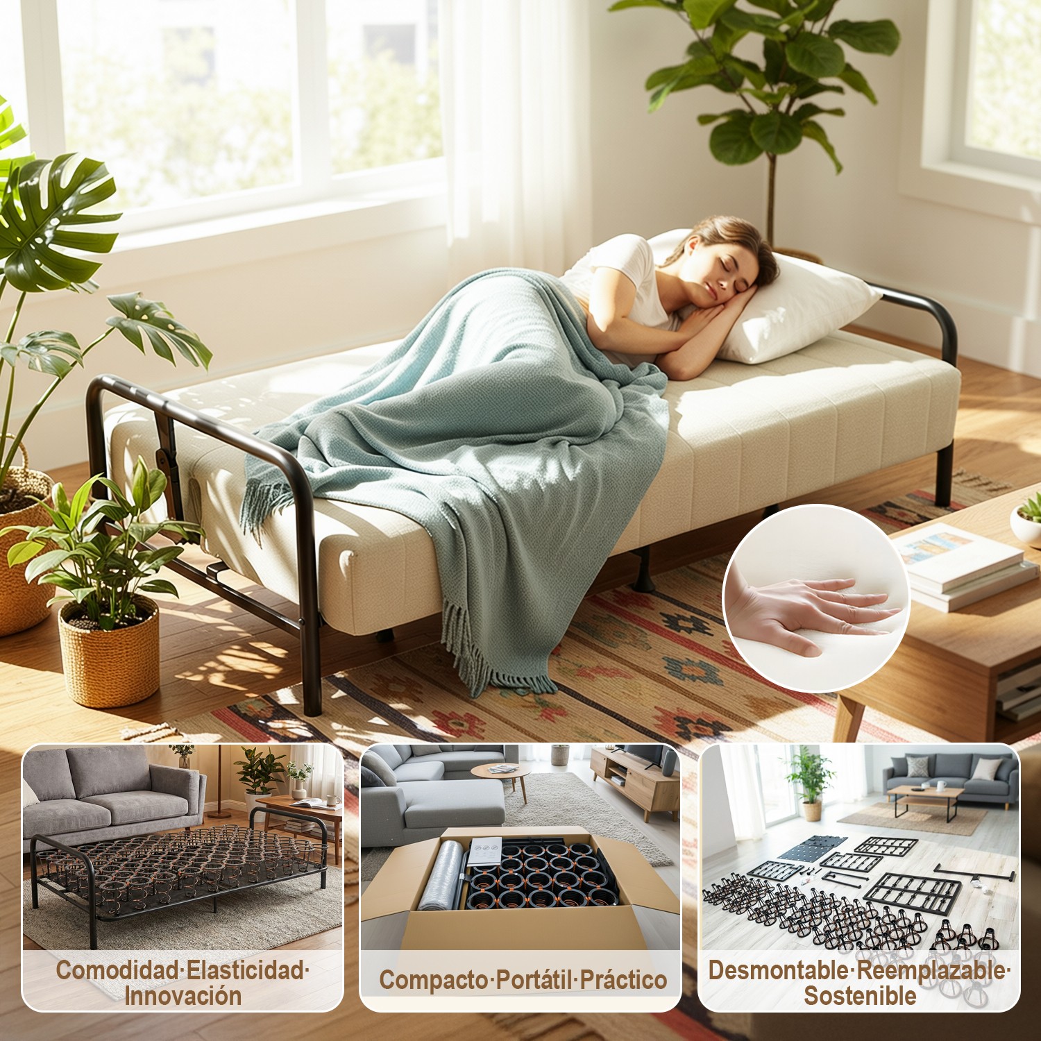 Sof&aacute; Cama Matrimonial Multifunci&oacute;n con Resortes de soporte resistentes Beige image number null