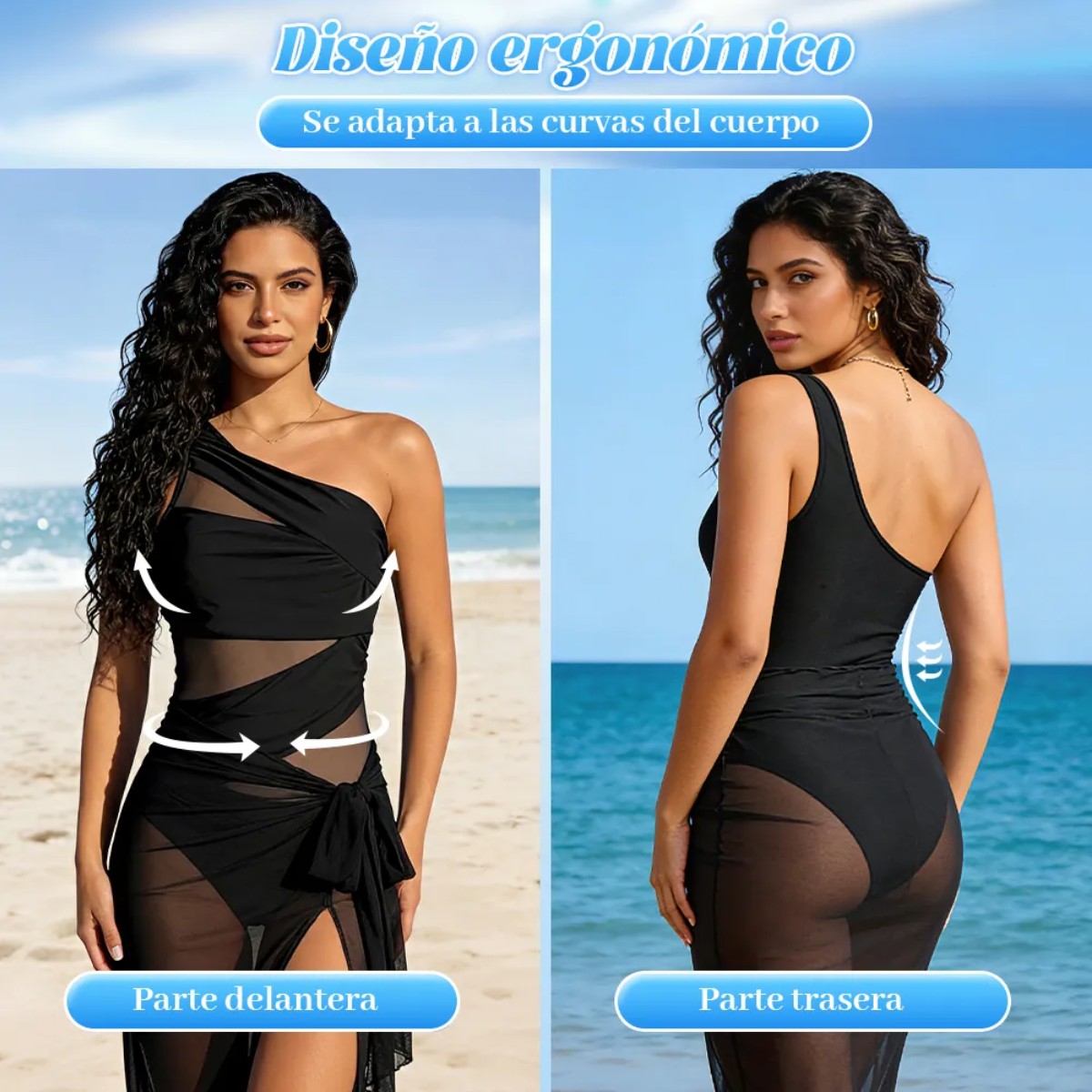 Traje De Ba&ntilde;o Mesh Sexy De Color S&oacute;lido Un Hombro Negro Talla XL image number null