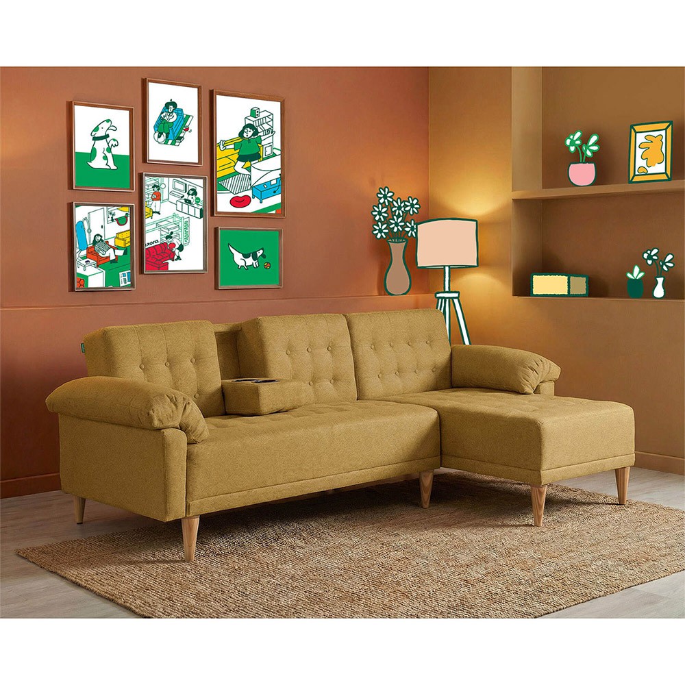 Sala Modular Reversible Makora Brunello con Memory Foam, Color Mostaza Lino, Respaldo Reclinable de 3 Posiciones image number null