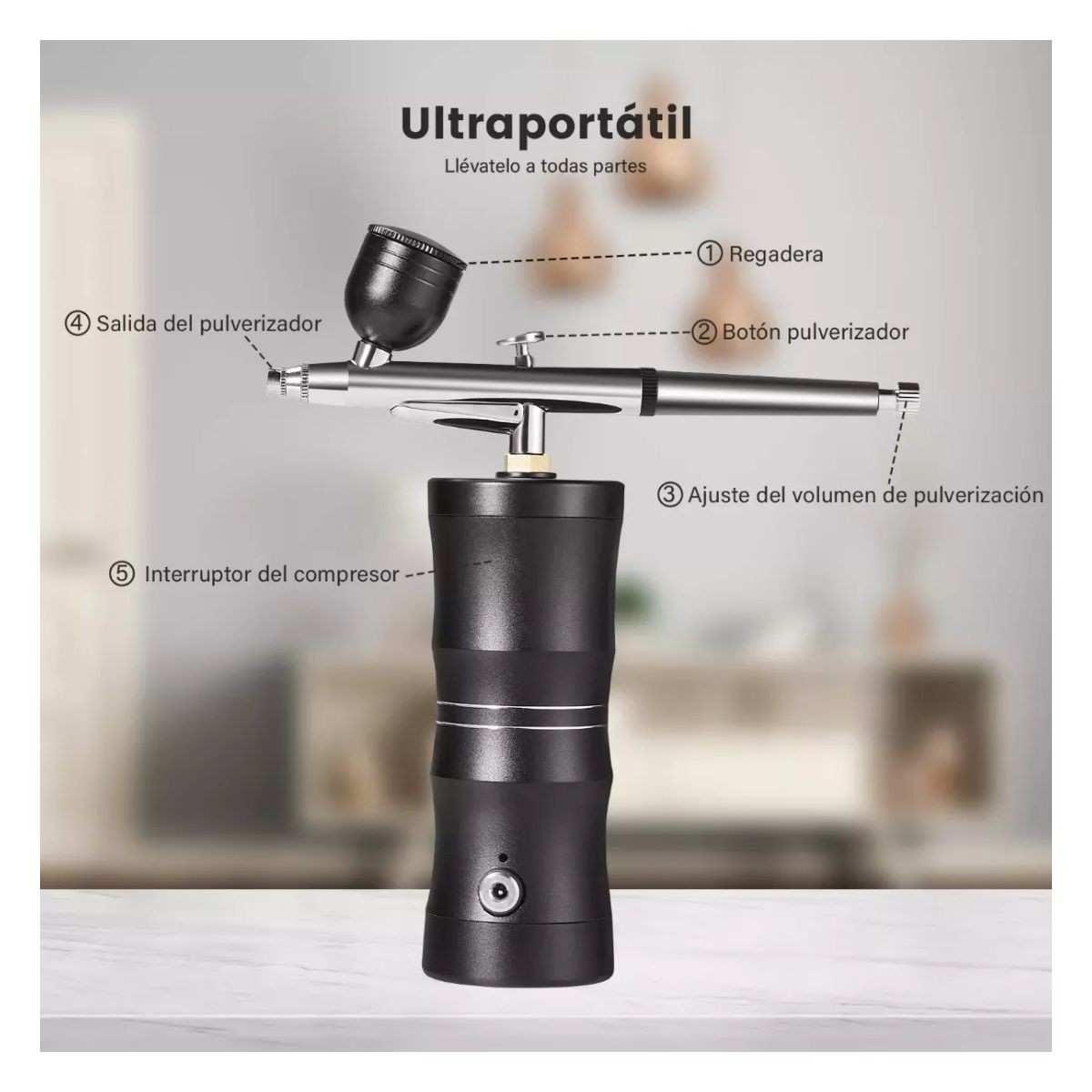 Kit De Aer&oacute;grafo Multiuso Con Compresor Inal&aacute;mbrico Negro image number null