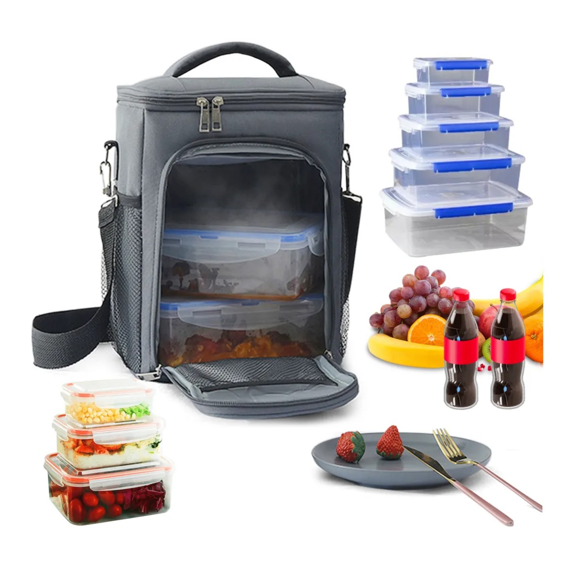 Bolsa De Almuerzo T&eacute;rmica Gran Capacidad, Lonchera De Hombro Gris image number null