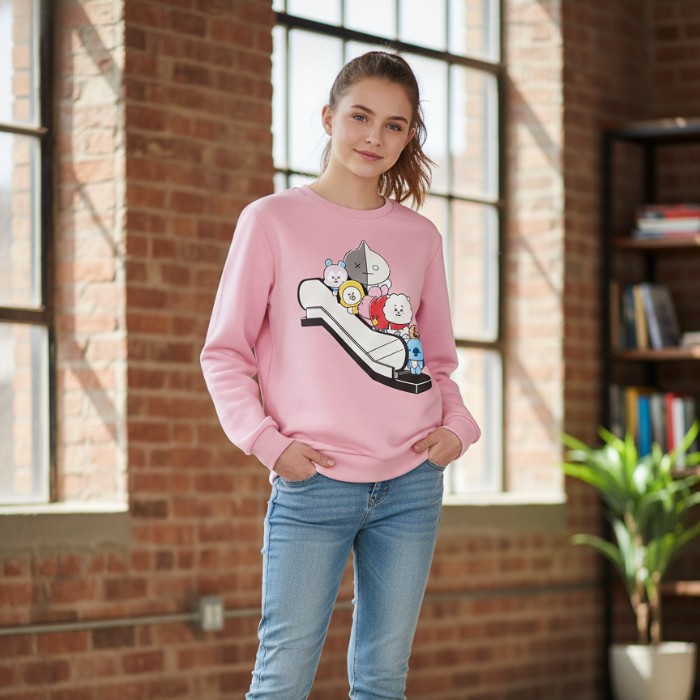 Sudadera Juvenil BT21 Oficial Rosa Talla Grande | Personaje BTS Escaleras | K-Pop Line Friends | Ideal para Fans ARMY image number null