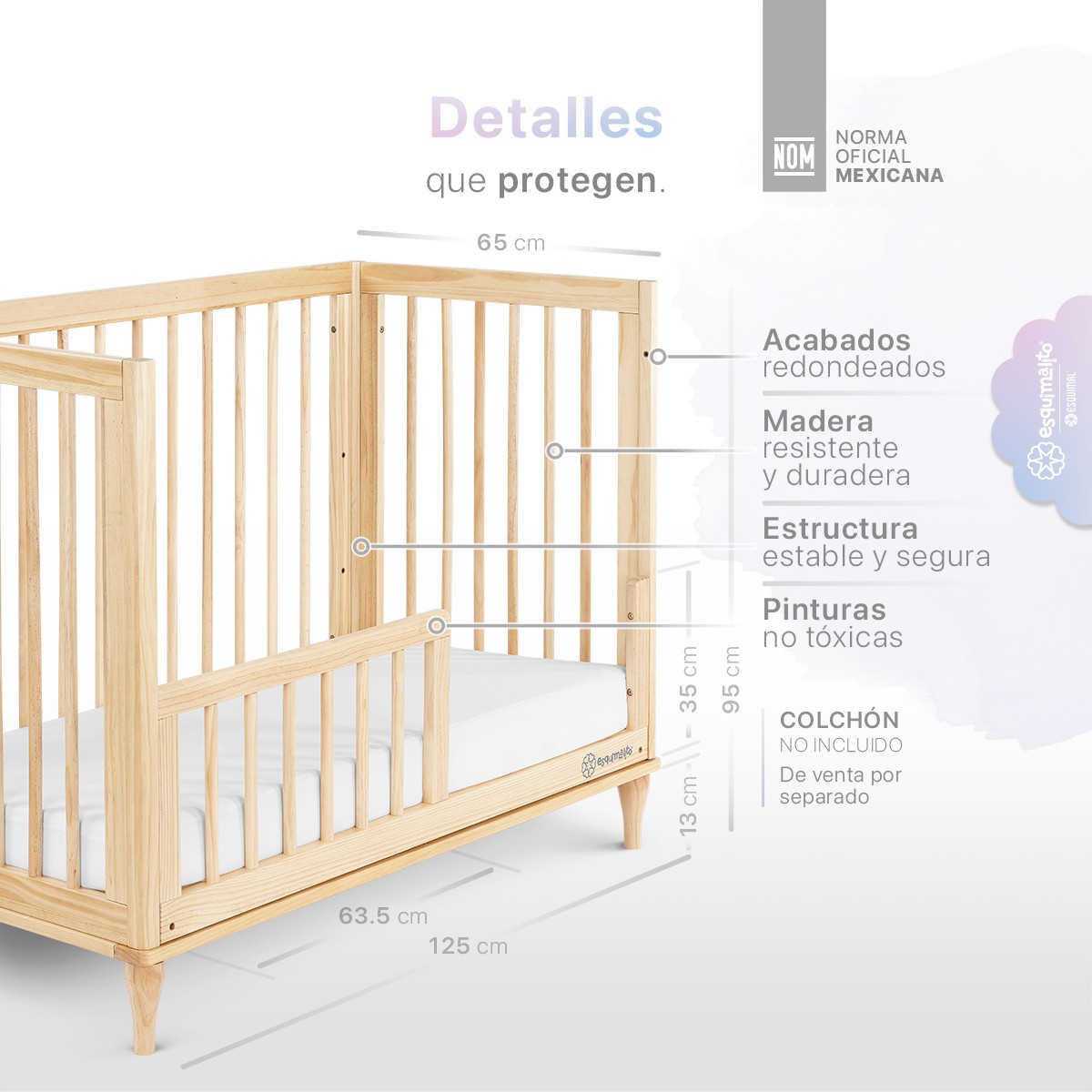 Cuna de Madera Convertible 3 en 1 - Cuna, Cama Montessori y Sill&oacute;n con Altura Ajustable y Barandal (Natural). ESQUIMAL image number null