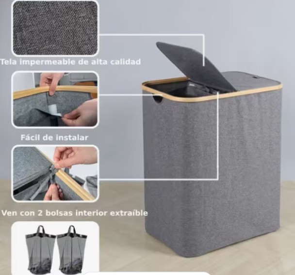 Cesto De Ropa Sucia Con 2 Bolsas Plegable Canasta 70x54x33cm image number null