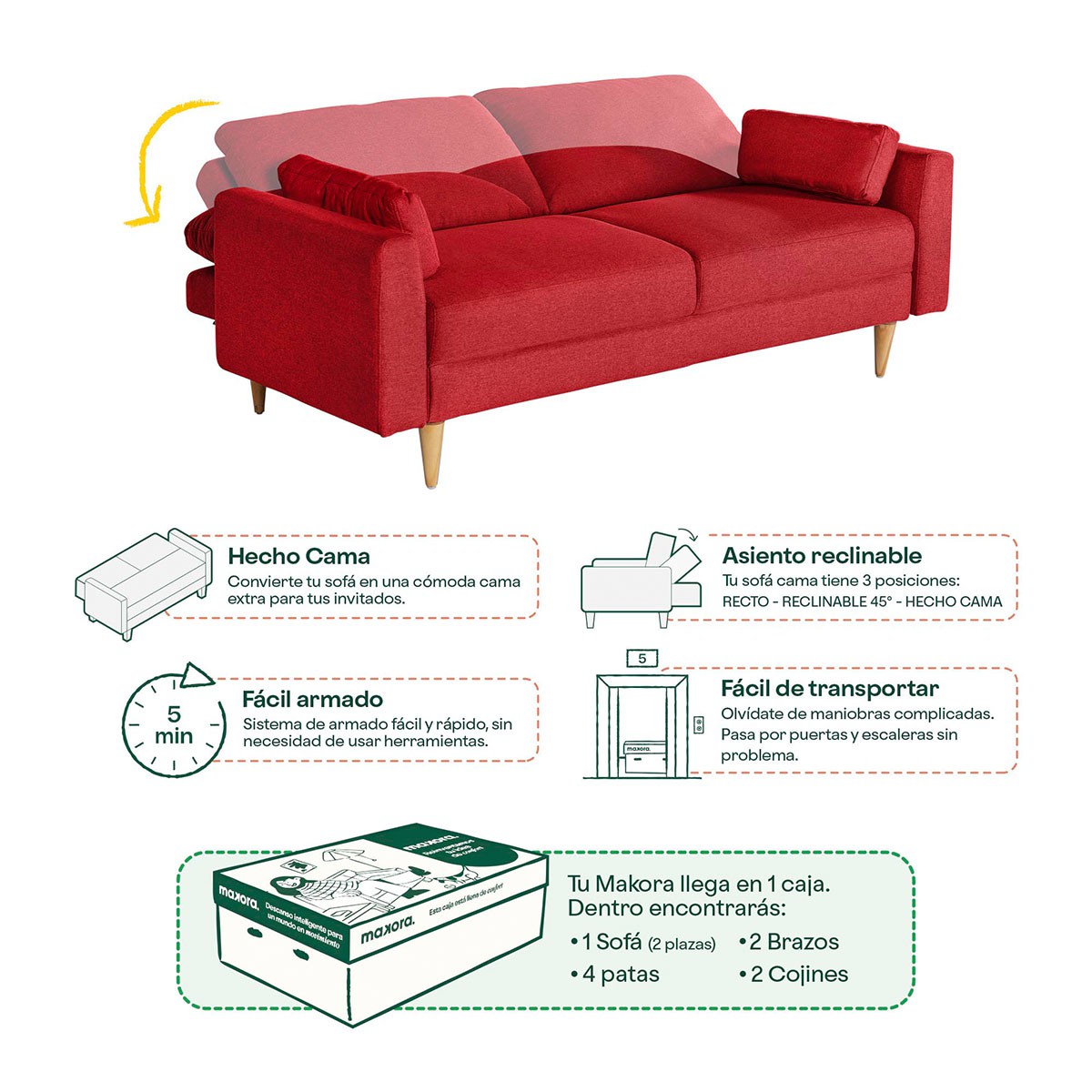 Sof&aacute; Cama Makora Tatiane con Memory Foam, Color Rojo Lino, Respaldo Reclinable de 3 Posiciones image number null