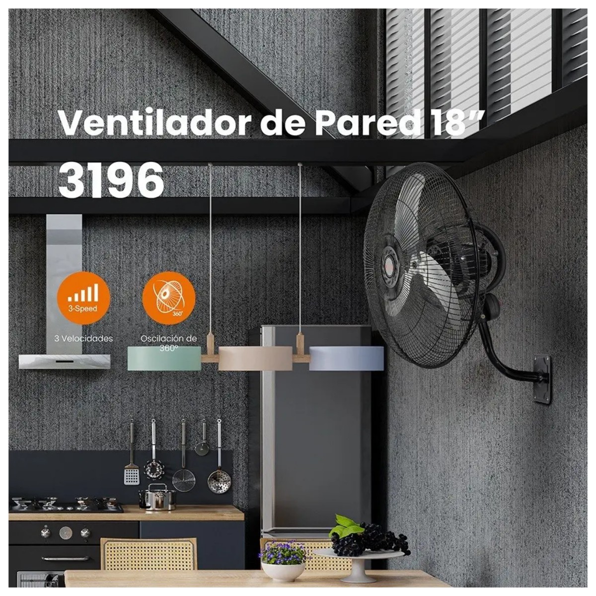 Ventilador Pared 18 Pulgadas Met&aacute;lico/360&deg; Estructura Negro image number null