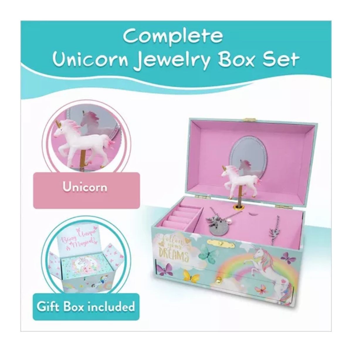 Unicornio Joyero Alhajeros Organizador Musical Ni&ntilde;a Azul Con Rosa image number null