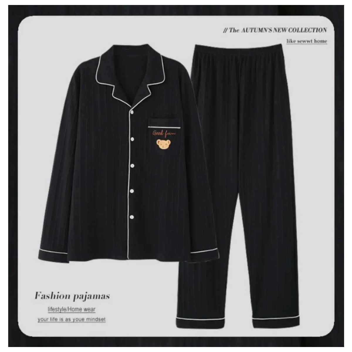 Conjunto Pijama Mujer Algod&oacute;n Con Manga Larga Y Pantal&oacute;n Negro Talla XL image number null