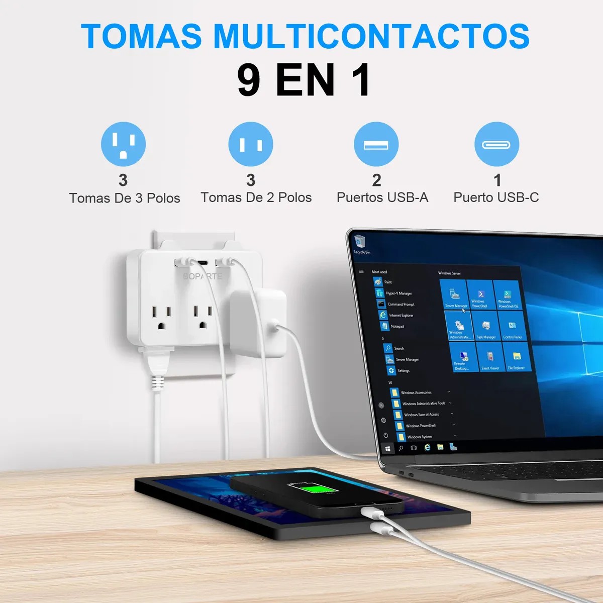 Adaptador De Pared Multicontactos, 6 Entradas, 2 + 1 Usb, Blanco Nieve image number null