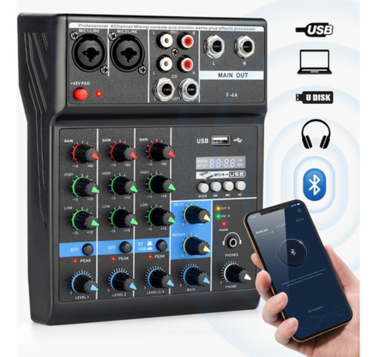 Mezclador De Audio Bluetooth 4 Canales De Consola Tarjeta NEGRO. image number null
