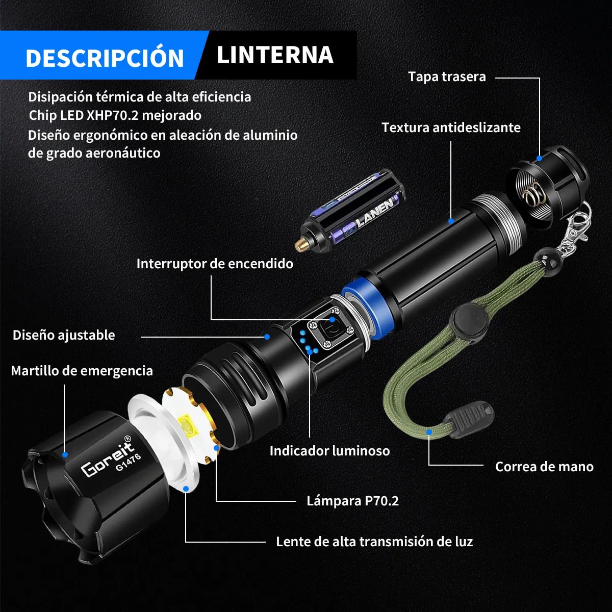 L&aacute;mpara T&aacute;ctica Led Recargable 200000lm Luz Blanca estuche negro image number null
