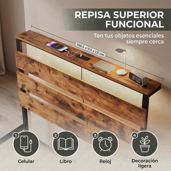 Base Cama Individual Reforzada 300kg Moderna Luz Led Usb C Negro Houzer image number null